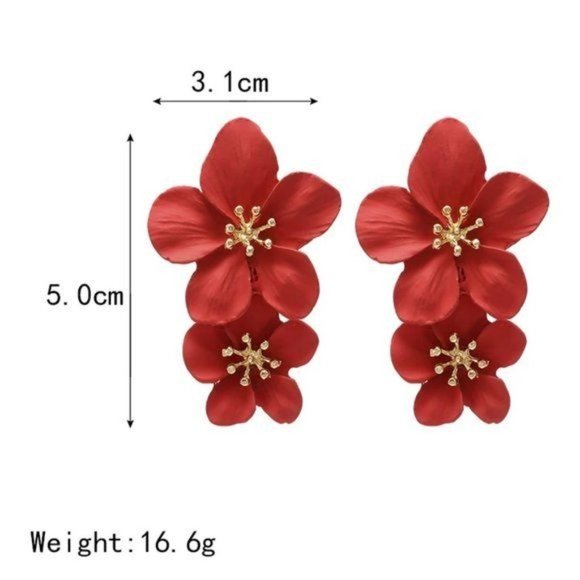 Boho Plumeria Flower Aloha Dangle Drop Statement Earrings Red II - Picture 8 of 12